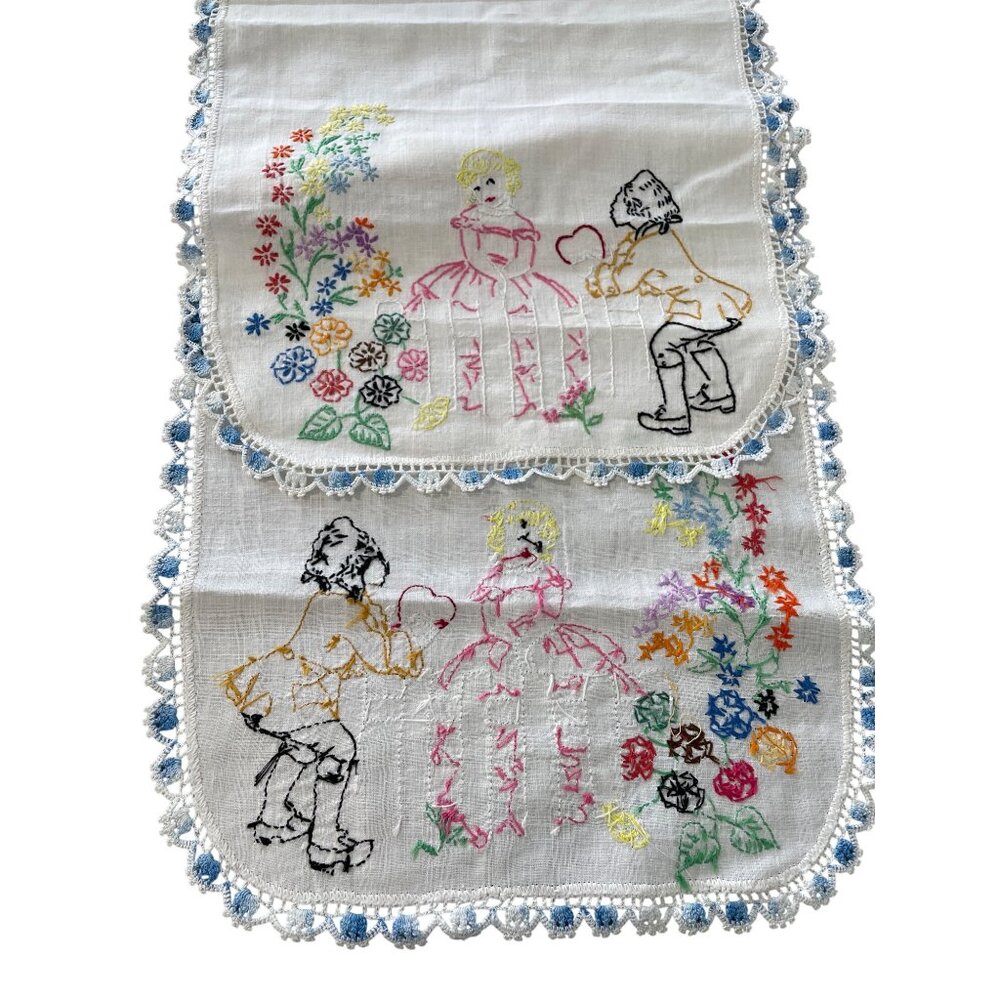 Vintage Hand Embroidered Table Runner Floral Romantic Couple Design White Multi